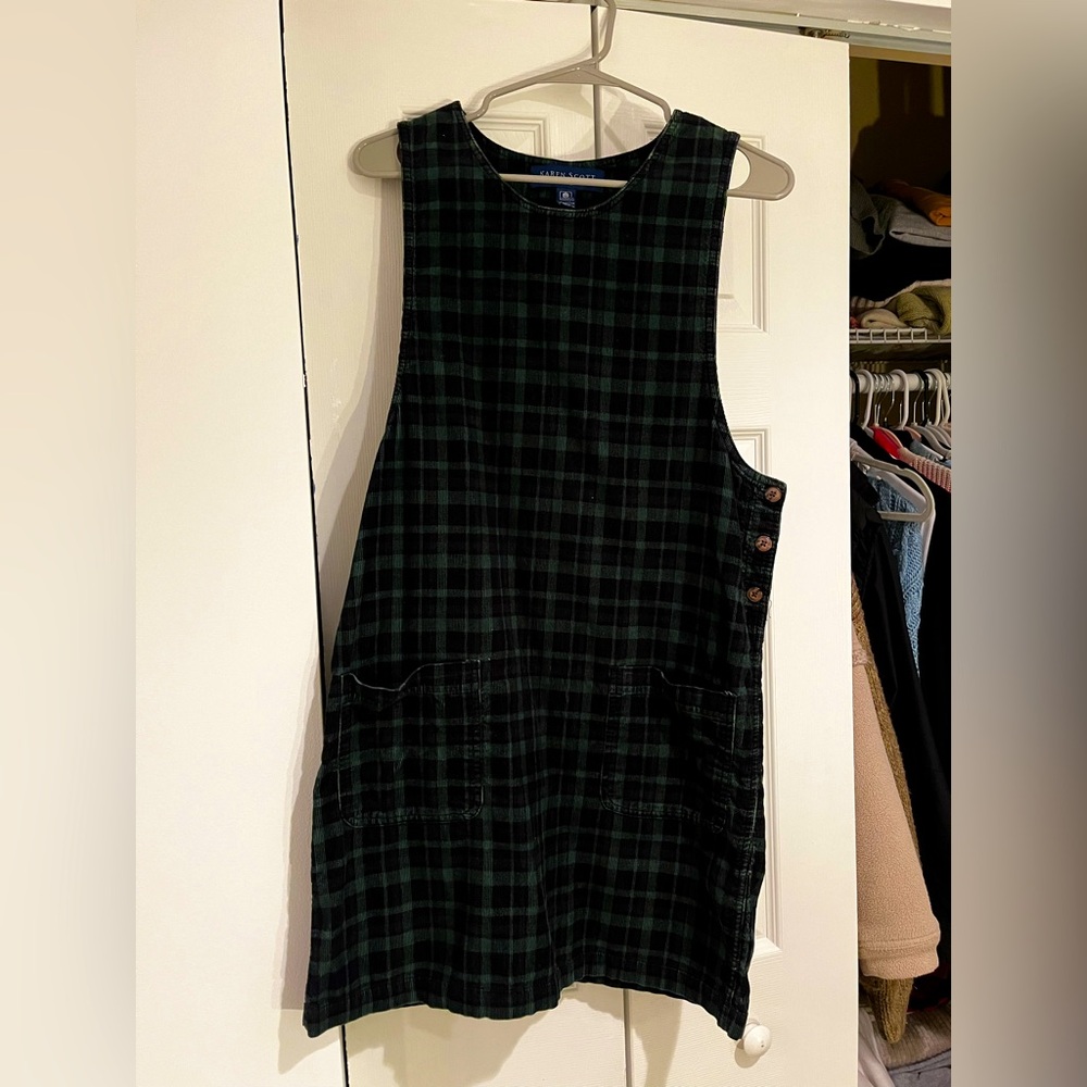 Vintage Karen Scott plaid pinafore Green and Dark Navy Blue 100% cotton